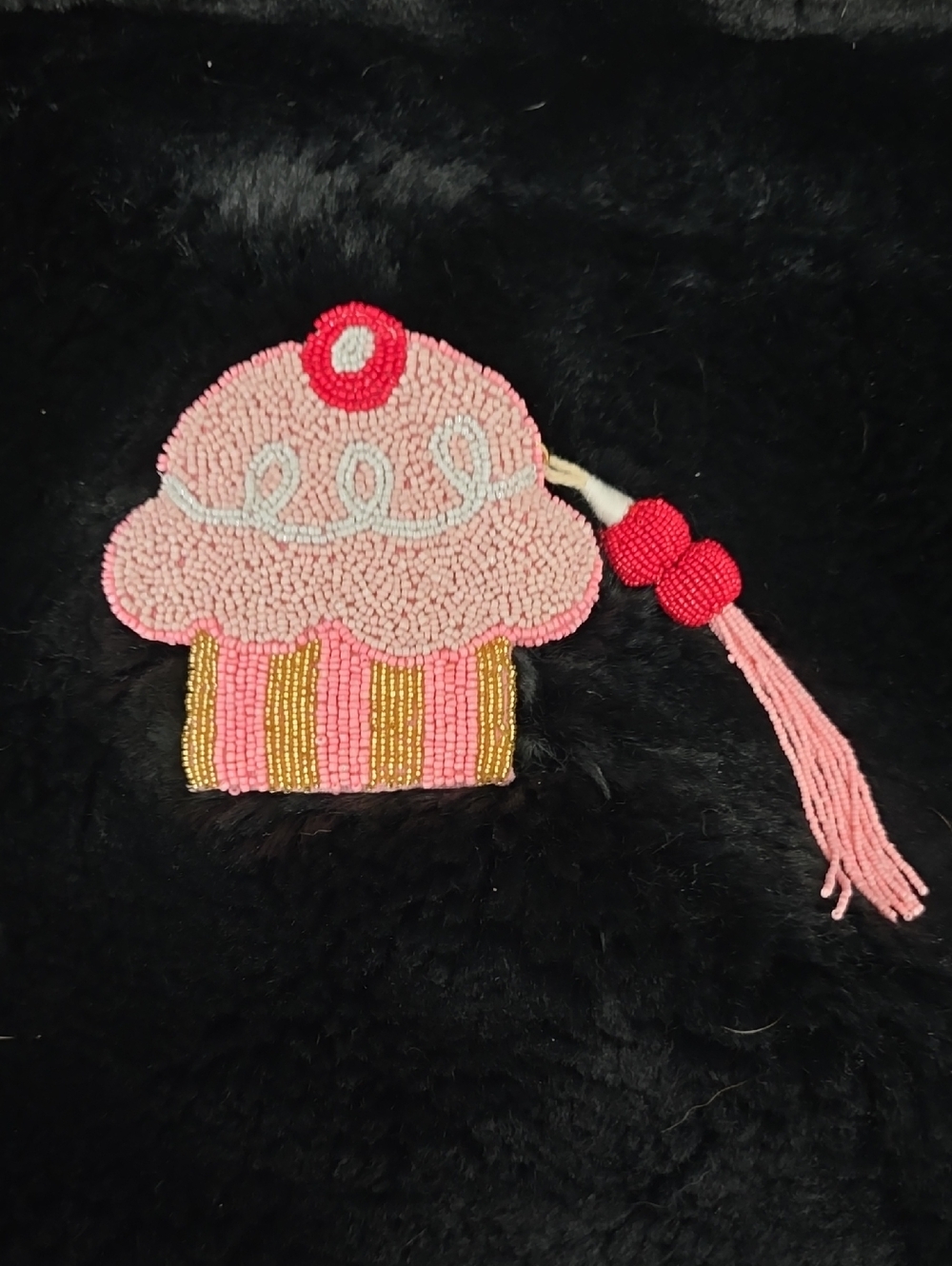 Hand-Beaded Pink Cupcake Charm with Tassel
